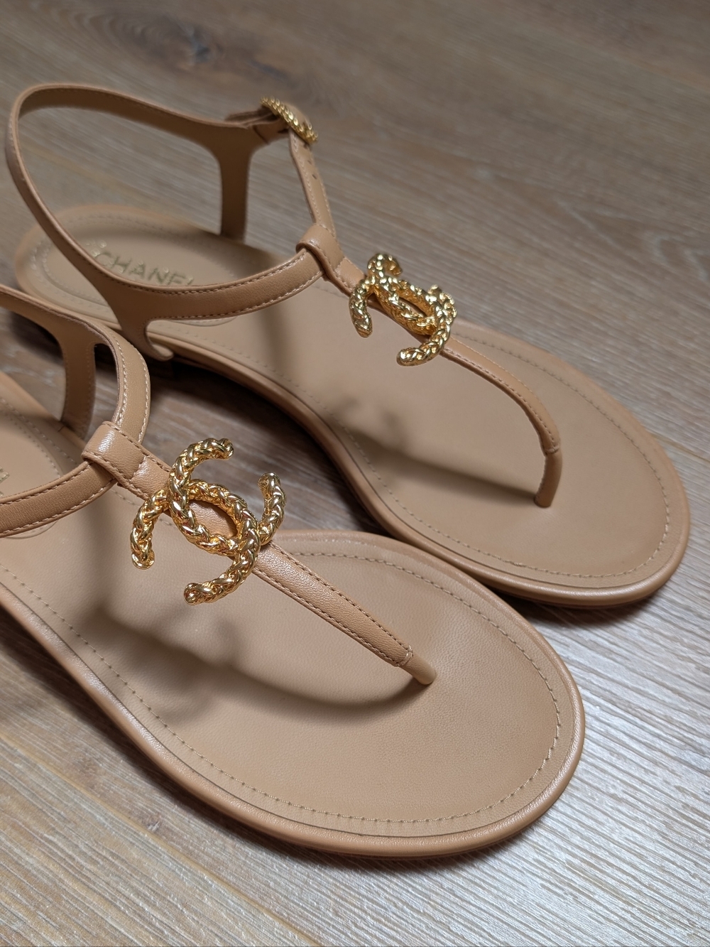 CHANEL Tan Leather T-Strap Sandals with Gold CC Hardware - Picture 3 of 9
